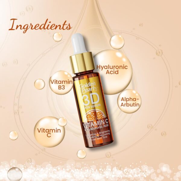 Golden Pearl 3D Skin Serum – Vitamin C + Hyaluronic Acid + Alpha-Arbutin + Vitamin B3 – 20ml - Image 8