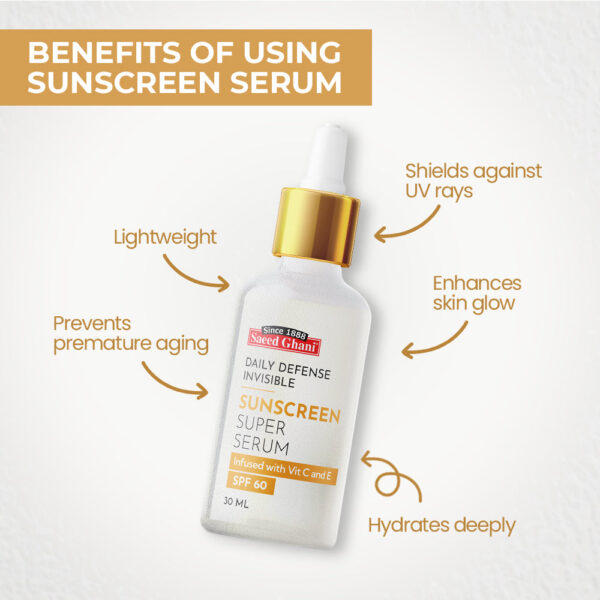 Saeed Ghani Sunscreen Super Serum – SPF 60 Daily Defense Invisible – 30ml (With Vitamin C & E) - Image 3