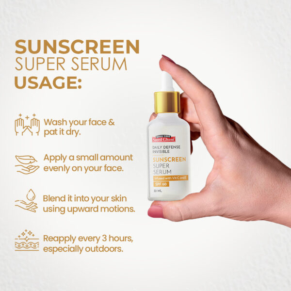 Saeed Ghani Sunscreen Super Serum – SPF 60 Daily Defense Invisible – 30ml (With Vitamin C & E) - Image 5