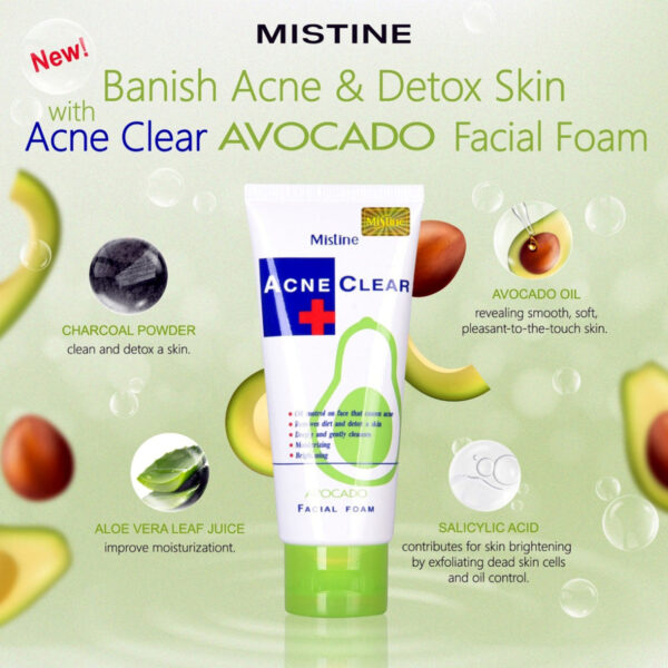 Mistine Acne Clear Avocado Facial Foam – Deep Cleanser for Acne, Oil Control & Brightening (100ml) - Image 3