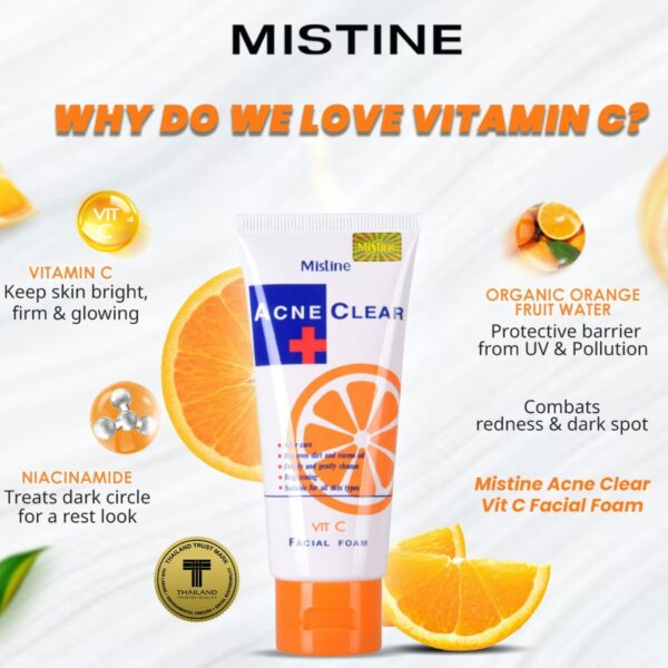 Mistine Acne Clear Vitamin C Facial Foam – Brightening Cleanser for Clear, Radiant Skin - Image 4