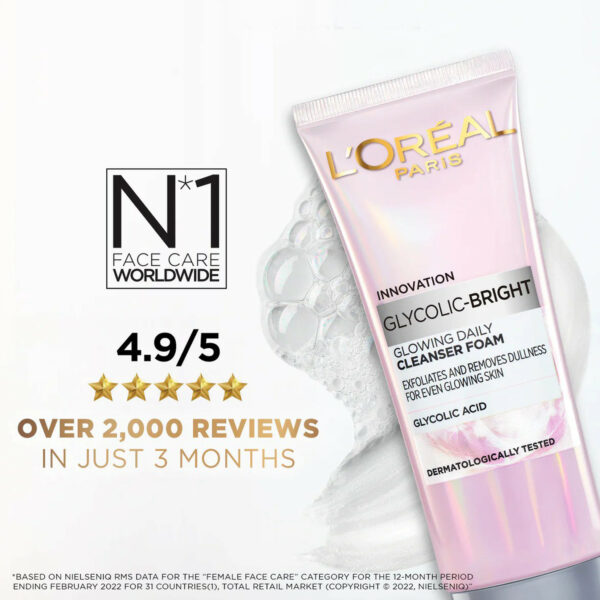 Loreal Paris Glycolic Bright Glowing Daily Cleanser Foam – Exfoliates & Brightens Dull Skin with Glycolic Acid (100ml) - Image 9