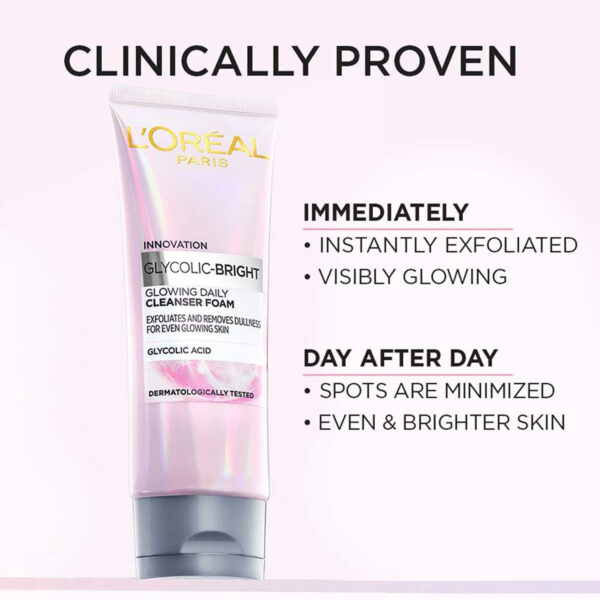 Loreal Paris Glycolic Bright Glowing Daily Cleanser Foam – Exfoliates & Brightens Dull Skin with Glycolic Acid (100ml) - Image 2