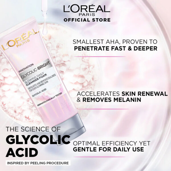 Loreal Paris Glycolic Bright Glowing Daily Cleanser Foam – Exfoliates & Brightens Dull Skin with Glycolic Acid (100ml) - Image 3