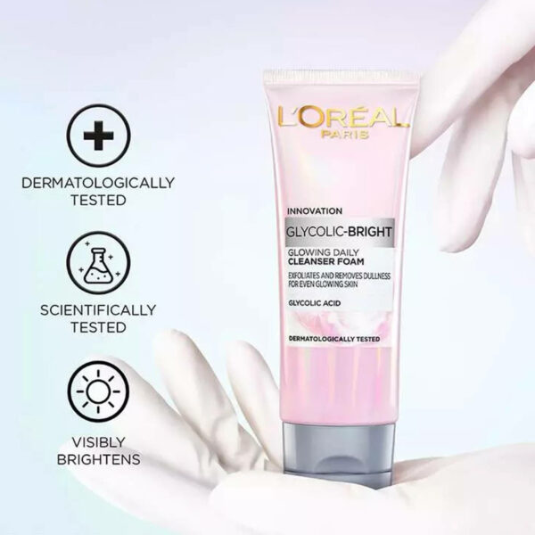 Loreal Paris Glycolic Bright Glowing Daily Cleanser Foam – Exfoliates & Brightens Dull Skin with Glycolic Acid (100ml) - Image 4