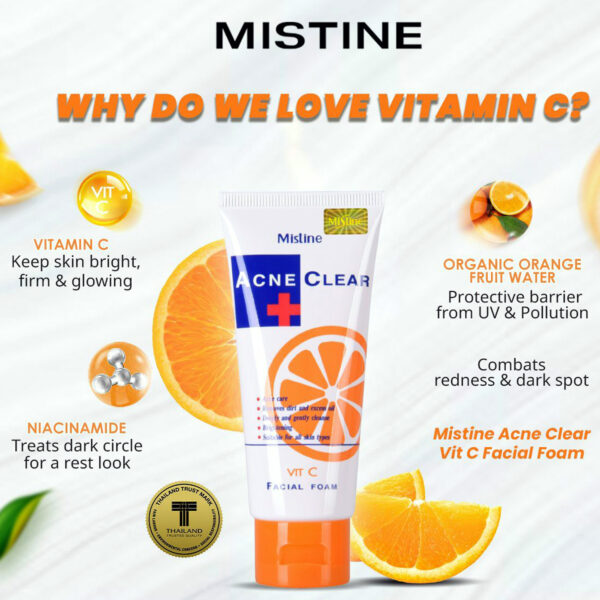 Mistine Acne Clear Vitamin C Facial Foam – 85g | Brightening & Anti-Acne Cleanser - Image 5