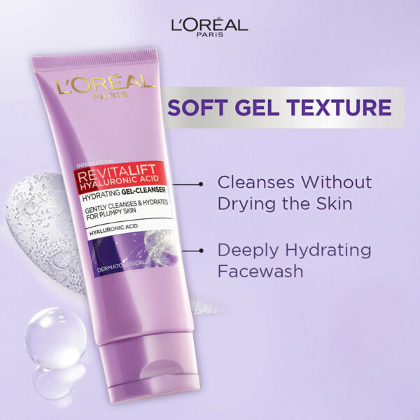 L'Oréal Paris Revitalift Hyaluronic Acid Face Wash 100ml – Hydrating Gel Cleanser for Plumpy Skin - Image 3