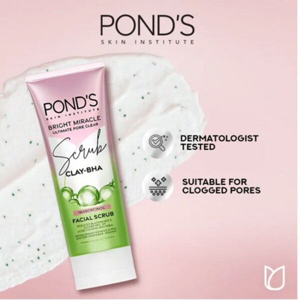 Pond's Bright Miracle Clay-BHA Facial Scrub 100g – Deep Cleansing & Anti-Acne with Niasorcinol - Image 4