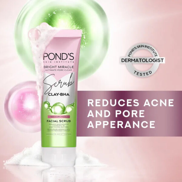Pond's Bright Miracle Clay-BHA Facial Scrub 100g – Deep Cleansing & Anti-Acne with Niasorcinol - Image 8