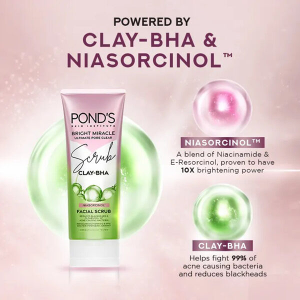 Pond's Bright Miracle Clay-BHA Facial Scrub 100g – Deep Cleansing & Anti-Acne with Niasorcinol - Image 11
