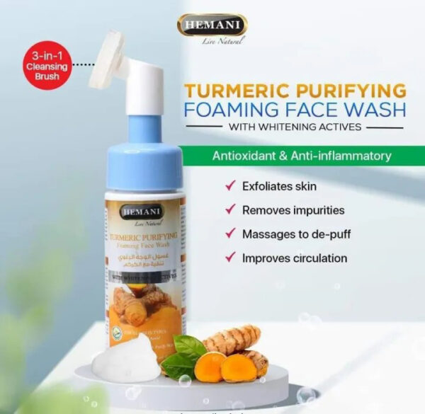 Hemani Turmeric Purifying Foaming Face Wash 150ml – With Whitening Actives & Built-In Brush - Image 6