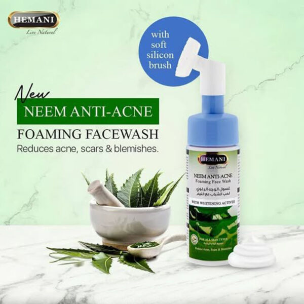 Hemani Neem Anti-Acne Foaming Face Wash 150ml – With Whitening Actives & Soft Brush | Fights Acne, Scars & Blemishes - Image 3