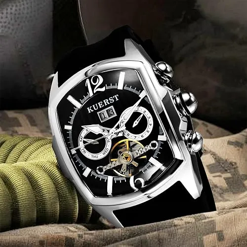Men Automatic Watch Square Tourbillon Mechanical. Month, Date and Week Display, Stainless Steel Stylish Design Elegant Business Wristwatches - Image 5