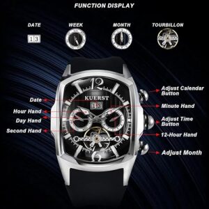 Men Automatic Watch Square Tourbillon Mechanical. Month, Date and Week Display, Stainless Steel Stylish Design Elegant Business Wristwatches