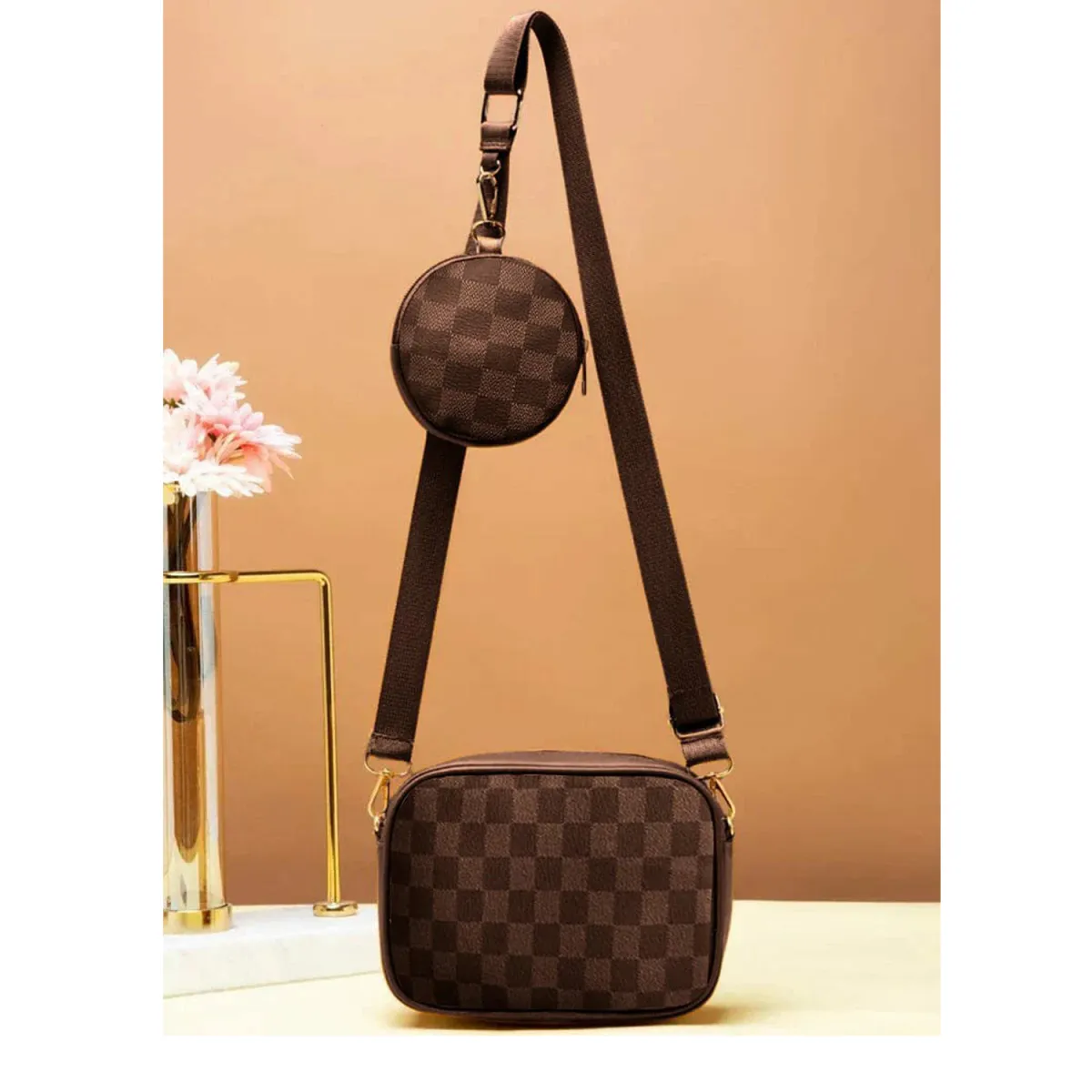 Premium 2-in-1 Checkered Crossbody Bag with Detachable Coin Purse – Trendy Messenger Bag in Canvas & PU Leather - Image 2
