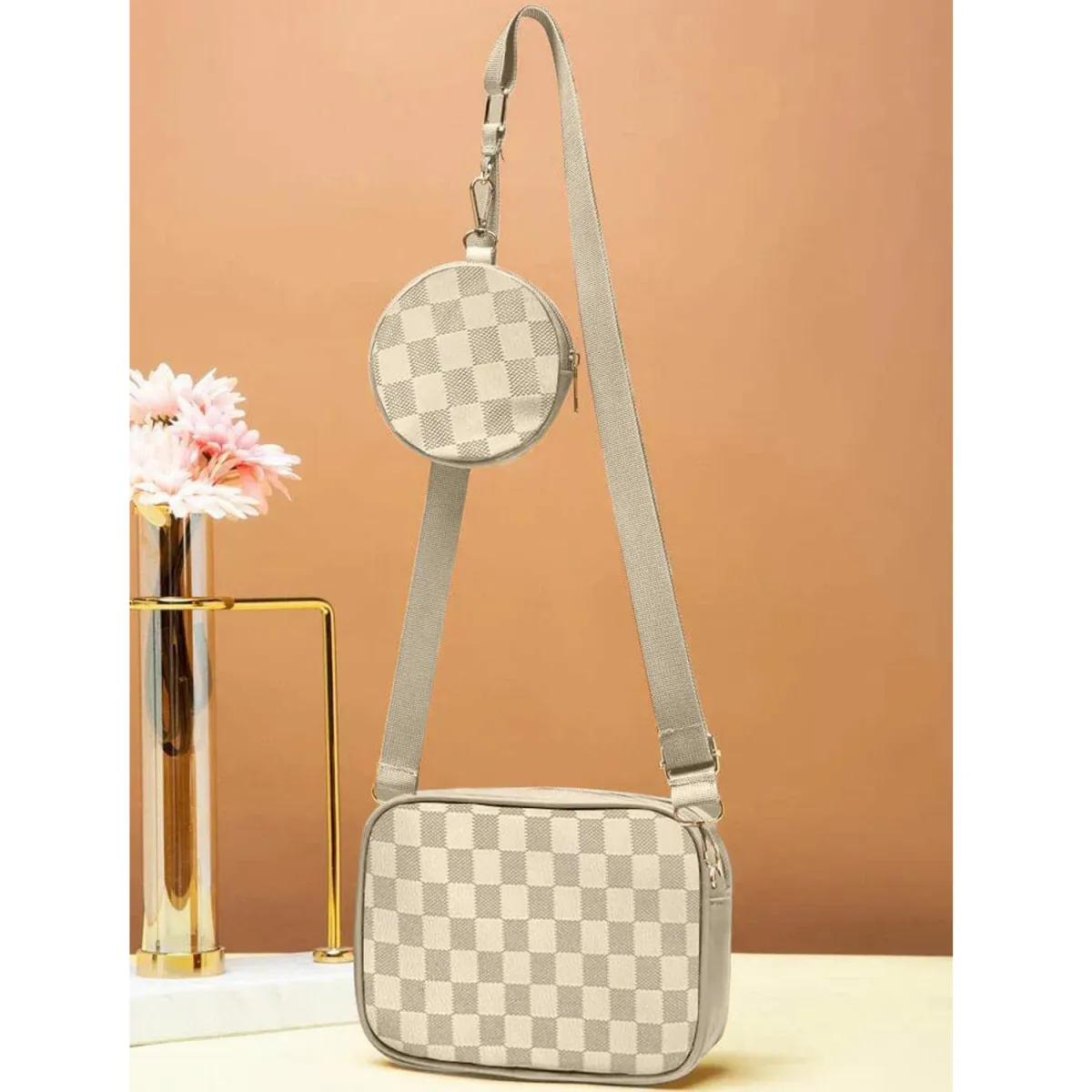 Premium 2-in-1 Checkered Crossbody Bag with Detachable Coin Purse – Trendy Messenger Bag in Canvas & PU Leather - Image 3
