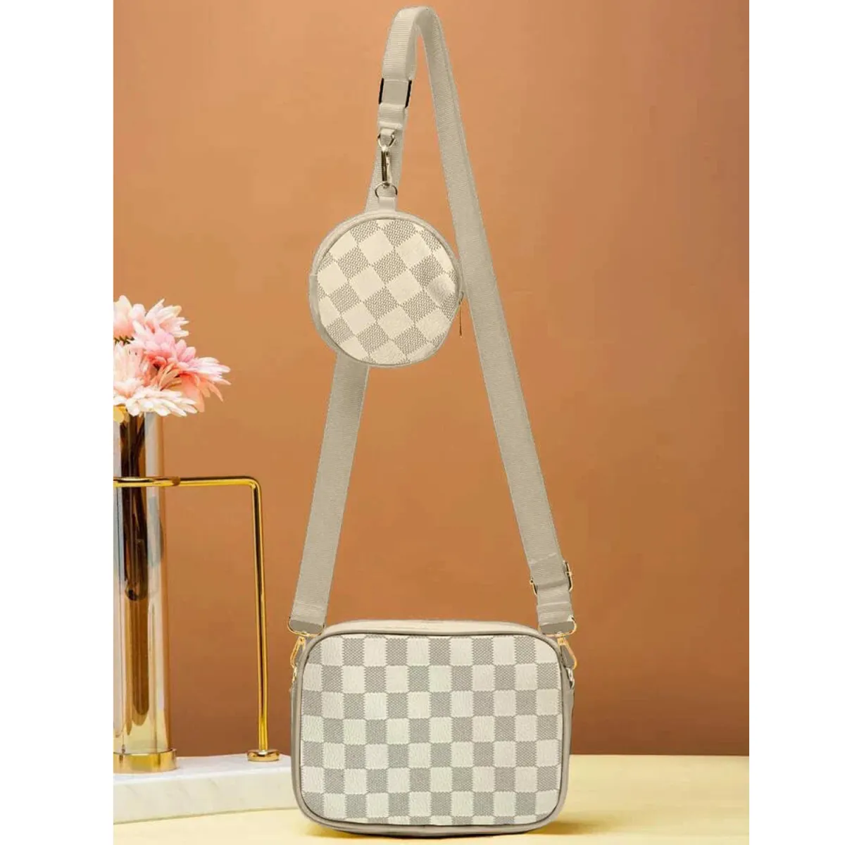 Premium 2-in-1 Checkered Crossbody Bag with Detachable Coin Purse – Trendy Messenger Bag in Canvas & PU Leather - Image 4
