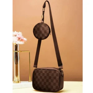 Premium 2-in-1 Checkered Crossbody Bag with Detachable Coin Purse – Trendy Messenger Bag in Canvas & PU Leather