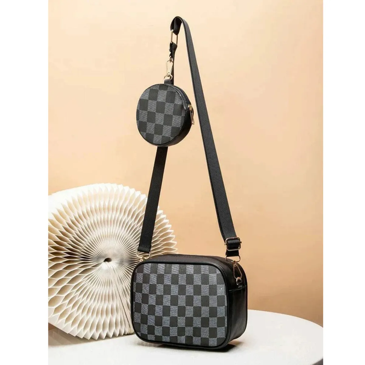 Premium 2-in-1 Checkered Crossbody Bag with Detachable Coin Purse – Trendy Messenger Bag in Canvas & PU Leather - Image 6