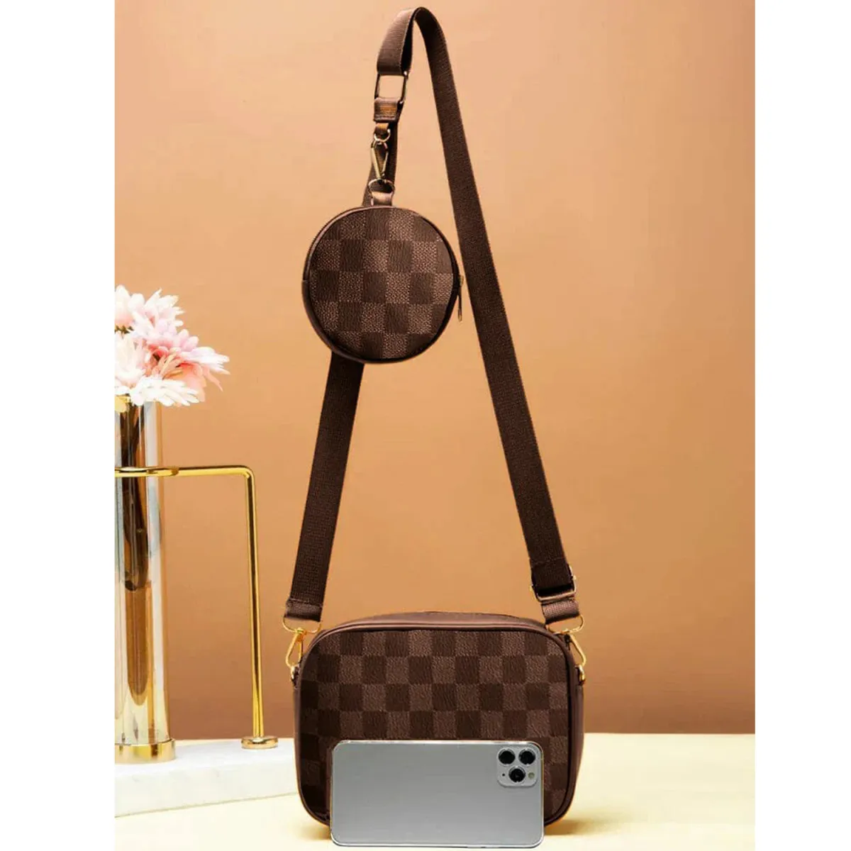 Premium 2-in-1 Checkered Crossbody Bag with Detachable Coin Purse – Trendy Messenger Bag in Canvas & PU Leather - Image 7