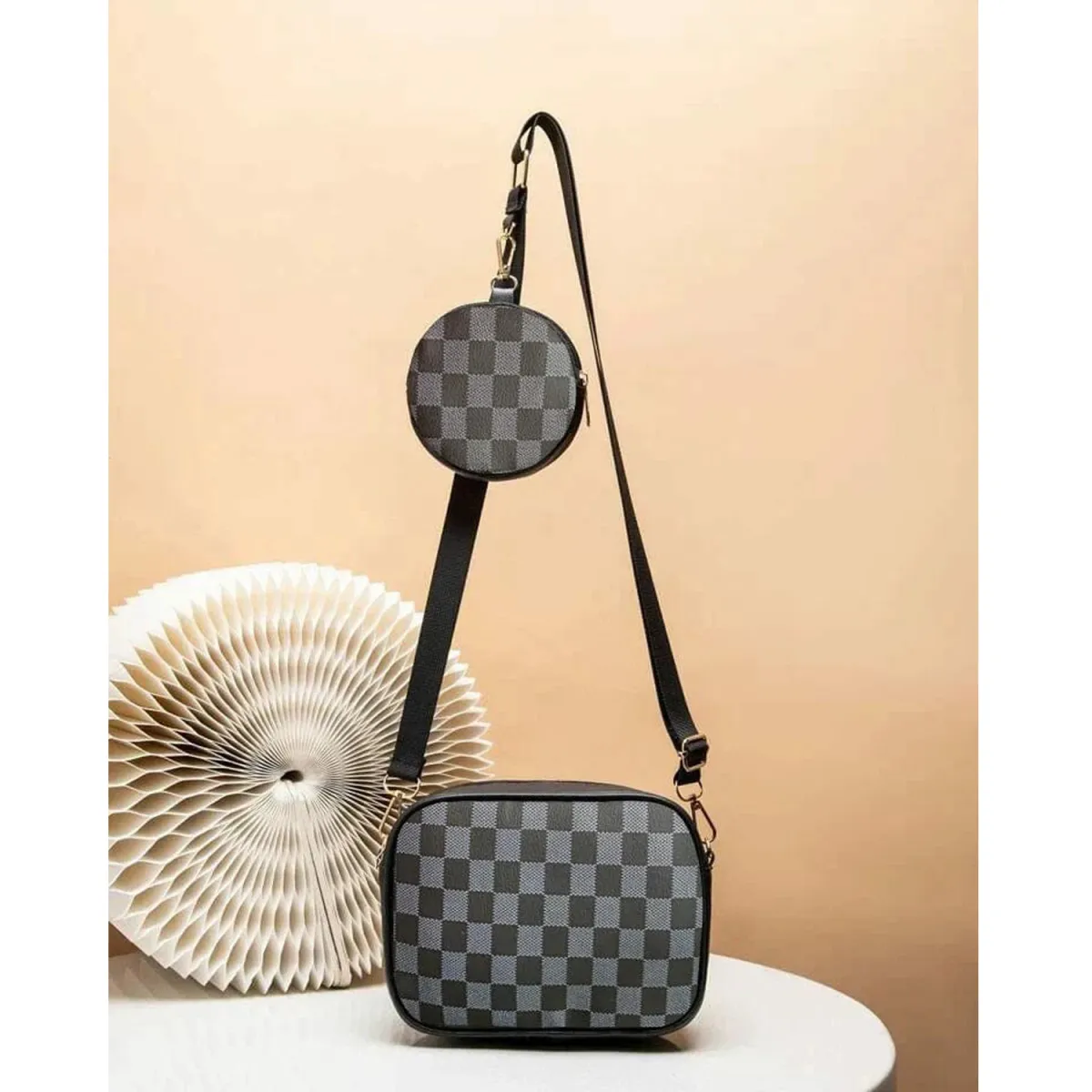 Premium 2-in-1 Checkered Crossbody Bag with Detachable Coin Purse – Trendy Messenger Bag in Canvas & PU Leather - Image 8