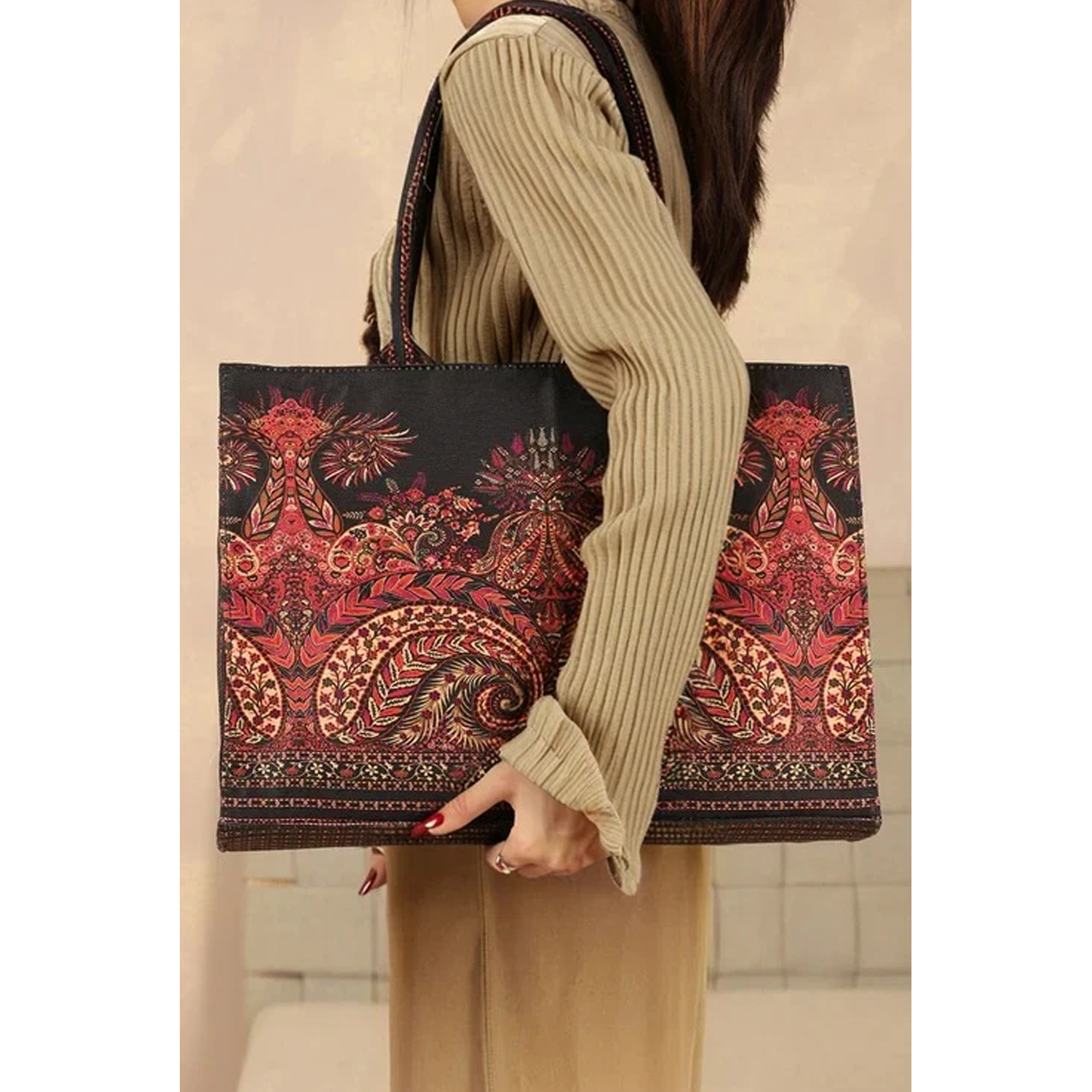 ZELLBURY Premium Canvas Tote Bag – Artistic Heritage, Floral & Mandala Print with Reinforced Handles - Image 2