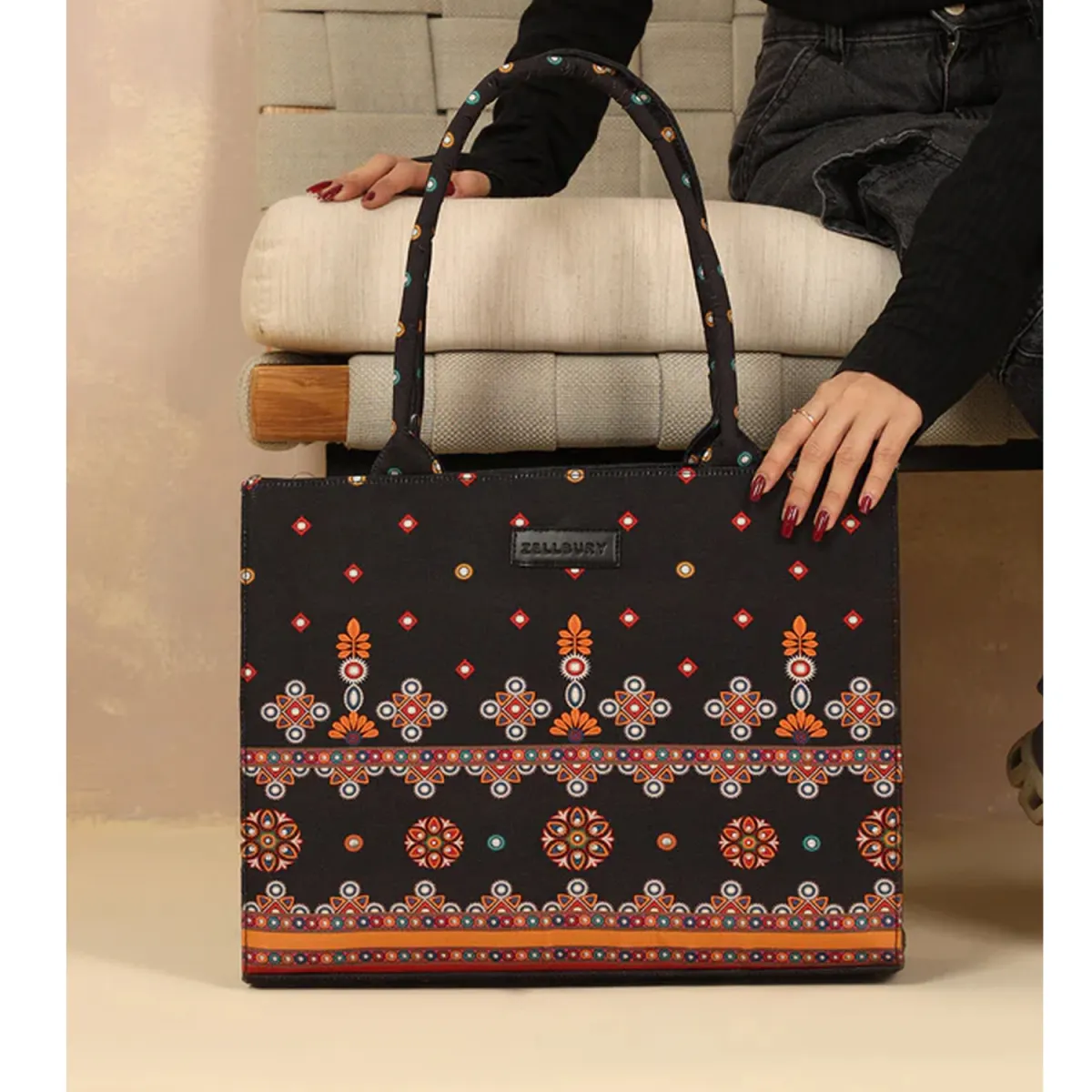 ZELLBURY Premium Canvas Tote Bag – Artistic Heritage, Floral & Mandala Prints - Image 3