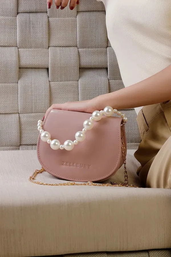 ZELLBURY Mini Luxe Handbag – Elegant Mustard Yellow Crossbody with Pearl Top Handle and Gold Chain Strap - Image 5