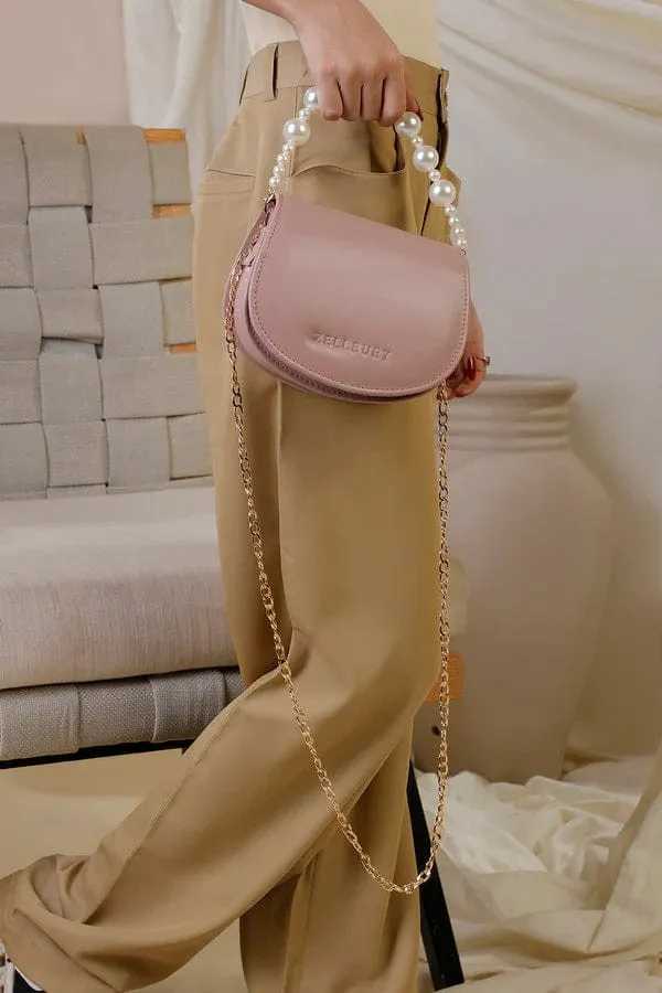 ZELLBURY Mini Luxe Handbag – Elegant Mustard Yellow Crossbody with Pearl Top Handle and Gold Chain Strap - Image 6