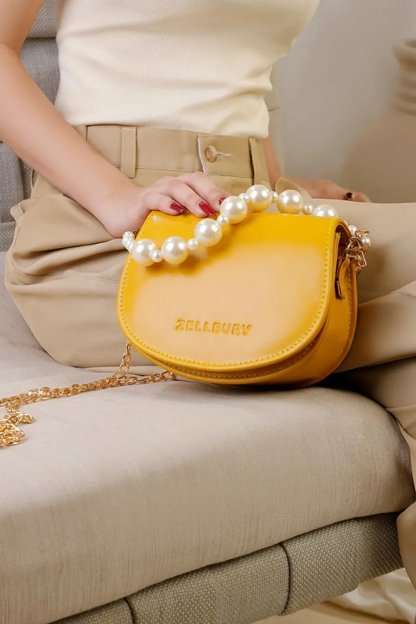 ZELLBURY Mini Luxe Handbag – Elegant Mustard Yellow Crossbody with Pearl Top Handle and Gold Chain Strap - Image 8