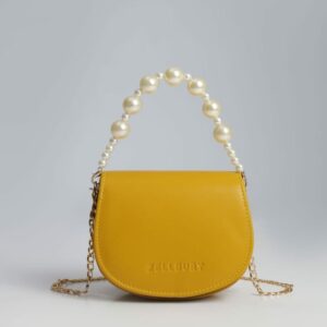 ZELLBURY Mini Luxe Handbag – Elegant Mustard Yellow Crossbody with Pearl Top Handle and Gold Chain Strap