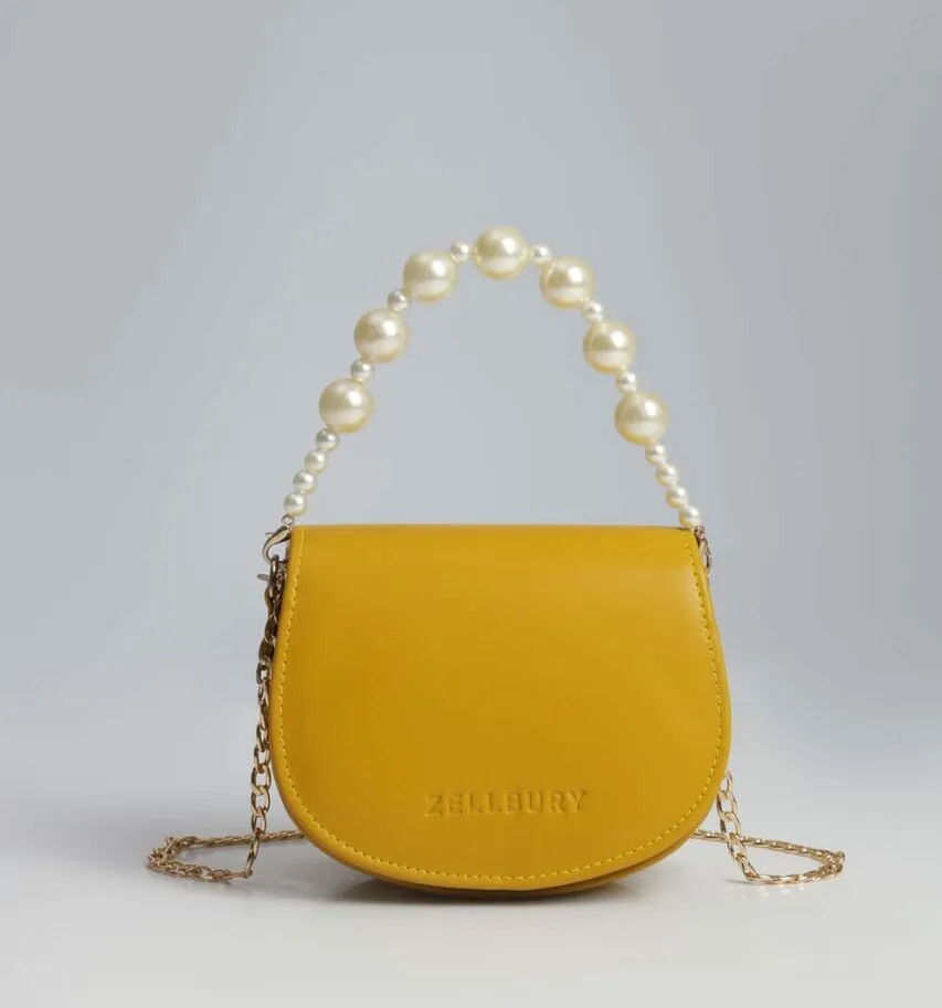 ZELLBURY Mini Luxe Handbag – Elegant Mustard Yellow Crossbody with Pearl Top Handle and Gold Chain Strap