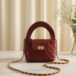 Premium Quilted Maroon Mini Handbag – Elegant Top-Handle Purse with Gold-Tone Chain Strap & Classic Twist-Lock